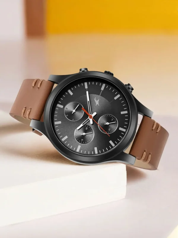 Fastrack Aura Multifunction Black Dial Brown Leather Strap Analog Watch